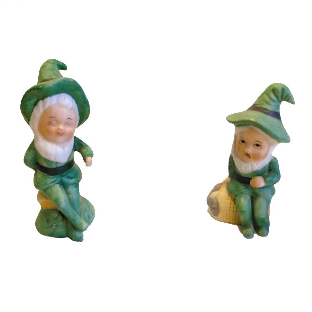 Vin. 70's Pair Of Bisque Ceramic Leprechauns /Elves Figurines-St. Patrick's Day